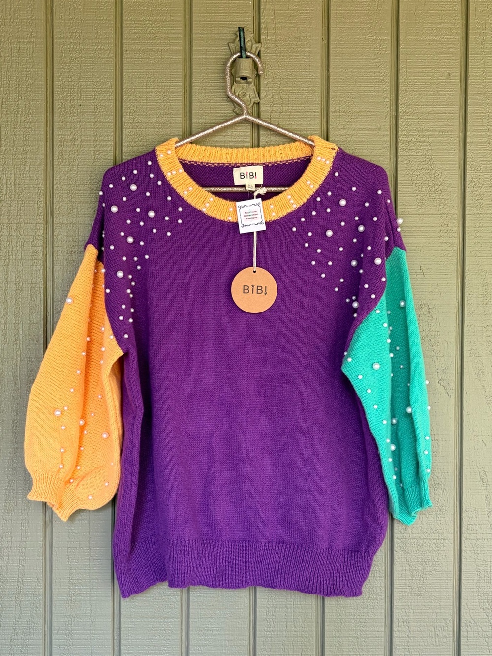 NWT BiBi Pearl Embellished Colorblock Mardi Gras Sweater XL